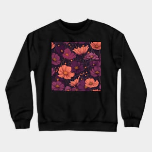 Dark Floral Pattern of Purple and Coral Cosmos Crewneck Sweatshirt